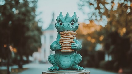 A teal dragon statue happily clutches a stack of pancakes in its paws, set against a softly blurred park background.