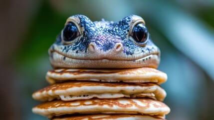 Fototapeta premium A lizard sits atop a stack of pancakes, a whimsical and unexpected pairing.
