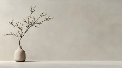 A serene ikebana floral arrangement with a single stem and minimalist branches in a smooth clay vase. A subtle Japanese flag decor adds a cultural identity
