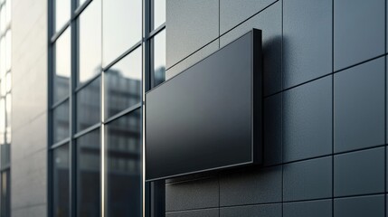 Blank black rectangular sign on contemporary building facade ready for branding and advertisement