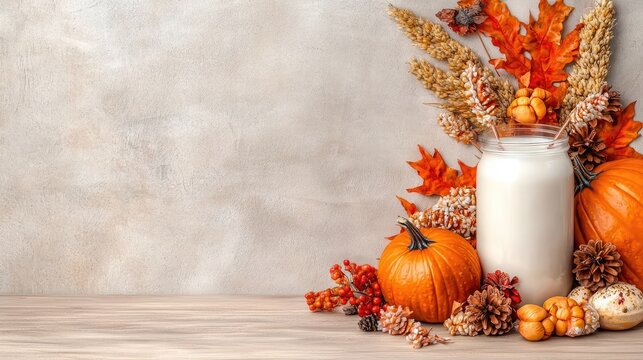Autumnal display with pumpkins, leaves, and milk