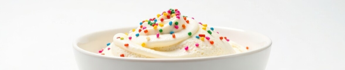 A bowl of colorful ice cream with sprinkles on white background, white, ice cream