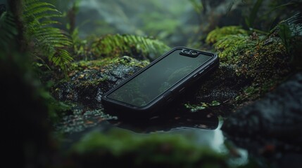 Rugged phone rests on mossy rocks near waterfall