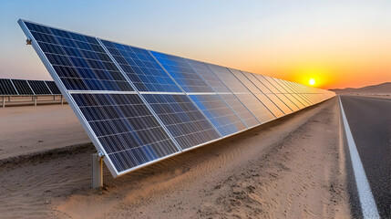 Fototapeta na wymiar Desert solar farm sunset energy road