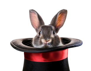 High-resolution image of a cute rabbit popping out of a magician's hat, captured against a transparent background.