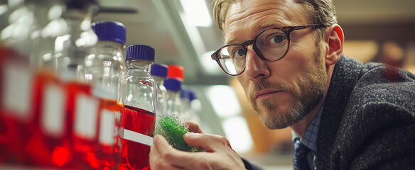 Scientist examining colorful liquids in laboratory during evening research hours in a modern facility