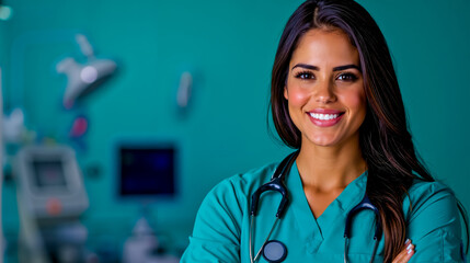 A woman in scrubs and a stethoscope smiles at the camera