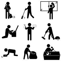 清掃や家事を行う人物のピクトグラムセット © ちーたん