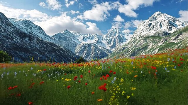 Colorful Meadow with Mountains and Flowers