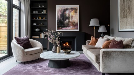 Modern living room interior design,  fireplace,  cozy atmosphere,  photographic artwork,  perfect for magazine feature