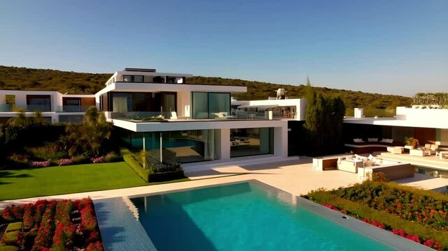 Aerial drone view of a modern luxury villa with a large swimming pool and landscaped garden.