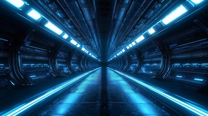 Obraz premium Futuristic Blue Neon Sci-Fi Corridor