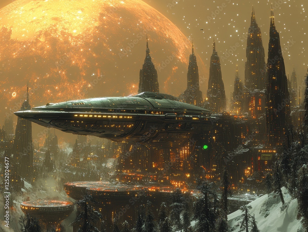 Poster a futuristic cityscape with a hovering spaceship against a large planet.