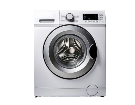A clean, minimalist washing machine, isolated on a transparent background