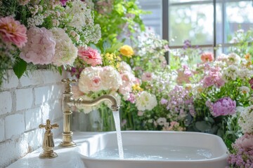 Luxurious floral arrangement beside flowing water in a bright, serene setting