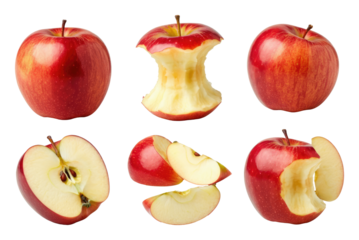 Fresh red apples in various stages of being eaten, from whole to core