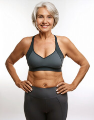 Fitted senior woman radiates health and confidence against a clean backdrop. People, beauty, and a life lived well – an inspiration. Radiant, authentic, and empowered. Workout