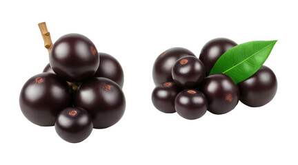 Close-up of acai berries with leaf and sliced fruit, showcasing fresh, healthy produce