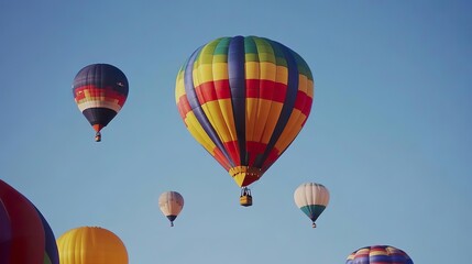 Fototapeta premium A colorful hot air balloon festival with balloons of various shapes and sizes rising against a clear blue sky.