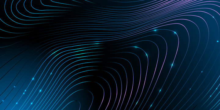 Luminous flowing lines in blue, purple and teal tones over a dark background. Abstract Background for advertising campaigns, digital interfaces, data visualisation. Copy space