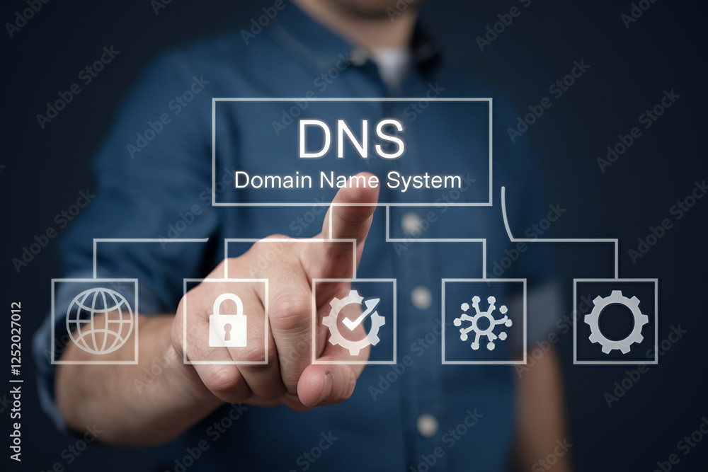 Poster DNS Domain Name System: Website & Internet Infrastructure Concept. Illustrative graphic showcasing internet connectivity, data security, website      
