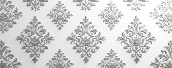 Silver-toned floral damask on white Sophisticated wallpaper, refined texture , seamless, shiny, vintage