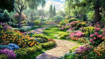 Obraz premium A picturesque garden filled with vibrant flowers, winding paths, and peaceful seating areas inviting relaxation.