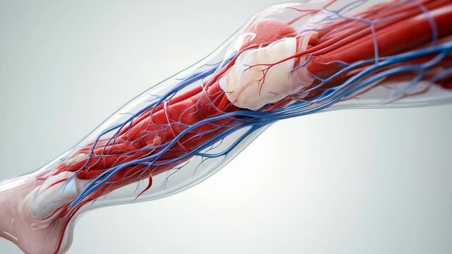 Schematic transparent human leg showing muscles, blood vessels, bone and tendons, isolated on light background. Medical concept of orthopedic anatomy and vascular system