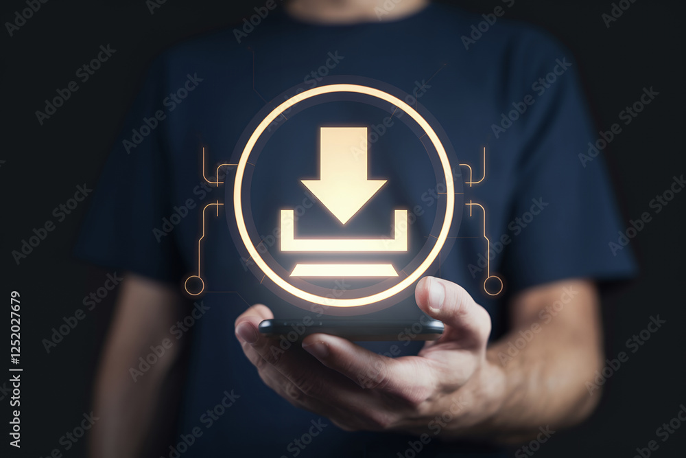 Aufkleber Instant Data Transfer: Seamless Cloud Storage and File Sharing. Person downloads data via smartphone, glowing download icon symbolizes speed,         