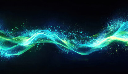 Background with glowing light blue and green lines, particles of data flowing in the air. 
