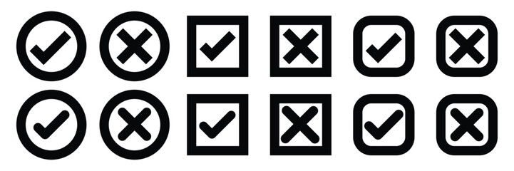 Check Mark and Cross Icon Set – Tick and X Symbols in Circle and Square Shapes for UI, Web, and Design

