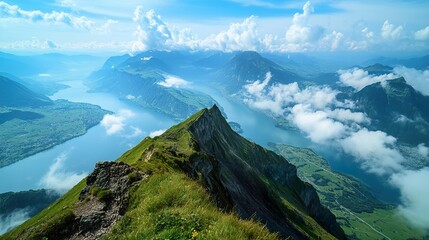 A stunning view from a mountain peak, overlooking valleys and lakes, with clouds drifting below creating a sense of majesty.