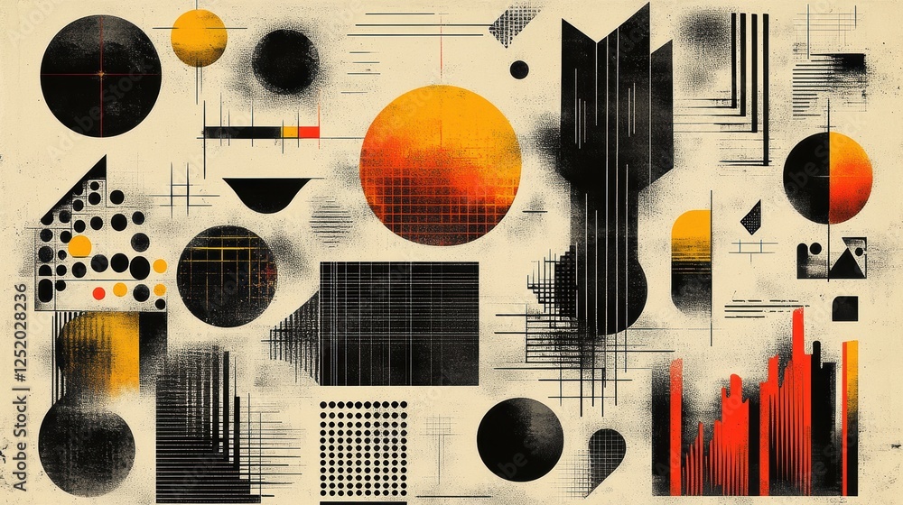 Poster abstract composition featuring geometric shapes and patterns in vibrant colors.