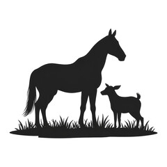 Obraz premium Monochrome Silhouette: A Mother Horse and Foal Grazing Peacefully
