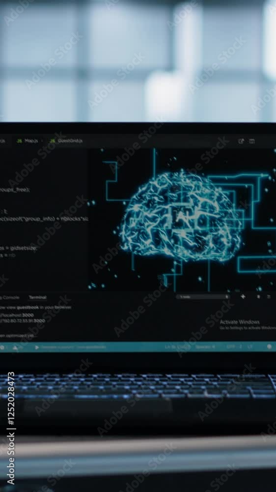 Poster vertical video artificial intelligence technology coding on laptop in data center with programmers i