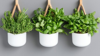 Fototapeta premium Hanging herb garden, kitchen wall, gray background, fresh herbs