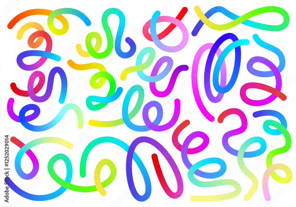 Poster Abstract Color Rainbow Gradient Shapes Vector Graphic Set, Collection. Wavy Lines in Bright Colors. Colorful Fluid Design Elements. Squiggly Wave Pattern