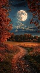 Fototapeta premium Autumnal Path Under Harvest Moon