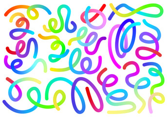 Abstract Color Rainbow Gradient Shapes Vector Graphic Set, Collection. Wavy Lines in Bright Colors. Colorful Fluid Design Elements. Squiggly Wave Pattern