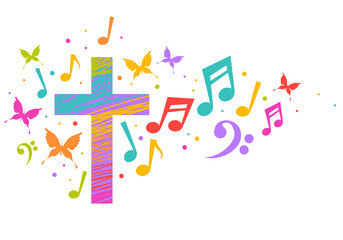 Colorful christian cross with music notes. Religion themed bright colorful background for gospel church music, choir singing, concert, festival, Christianity, prayer. Design with music notes, cross
