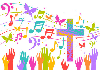 Colorful christian cross with music notes. Religion themed bright colorful background for gospel church music, choir singing, concert, festival, Christianity, prayer. Design with music notes, cross