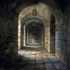 A hewn stone corridor. The corridoor is twenty feet wide, but the ceiling lowers periodically to three feet to favor shorter creatures