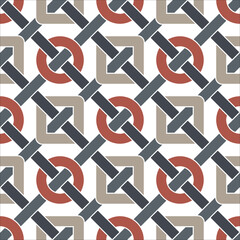 Seamless geometric pattern with orange, grey, and beige interlocking squares and circles on a white background in a modern style design. Abstract vector illustration. 