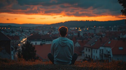 Fototapeta premium Man meditating sunset city view contemplation peace