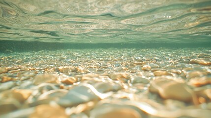 Underwater riverbed, clear water, pebbles, sunlight.  Possible use Nature photography