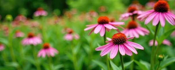 Pink coneflower blooms amidst lush green foliage, bloom, flowers field, garden