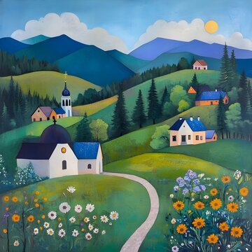 Ukrainian Carpathian mountain landscape with an orthodox church and national houses mazankas guache