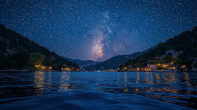 Milky Way over lake, village, night, stars, reflection, travel, serenity, tourism, landscape,  promotional