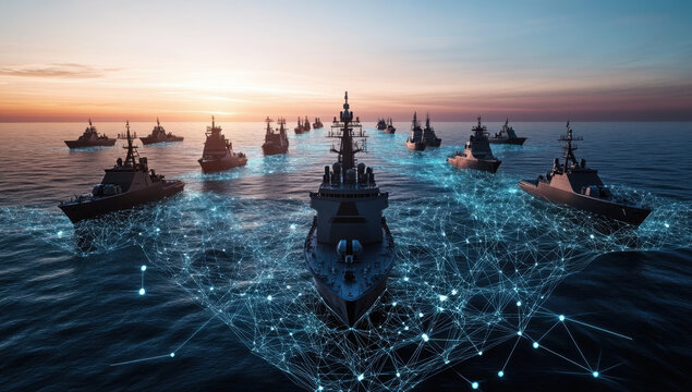 A high-tech naval concept showing a digital network overlay on the ocean with warships silhouetted against the horizon. 

