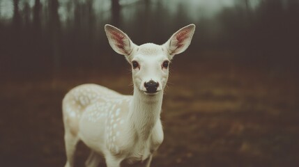 Fototapeta premium White deer fawn in misty forest, wildlife